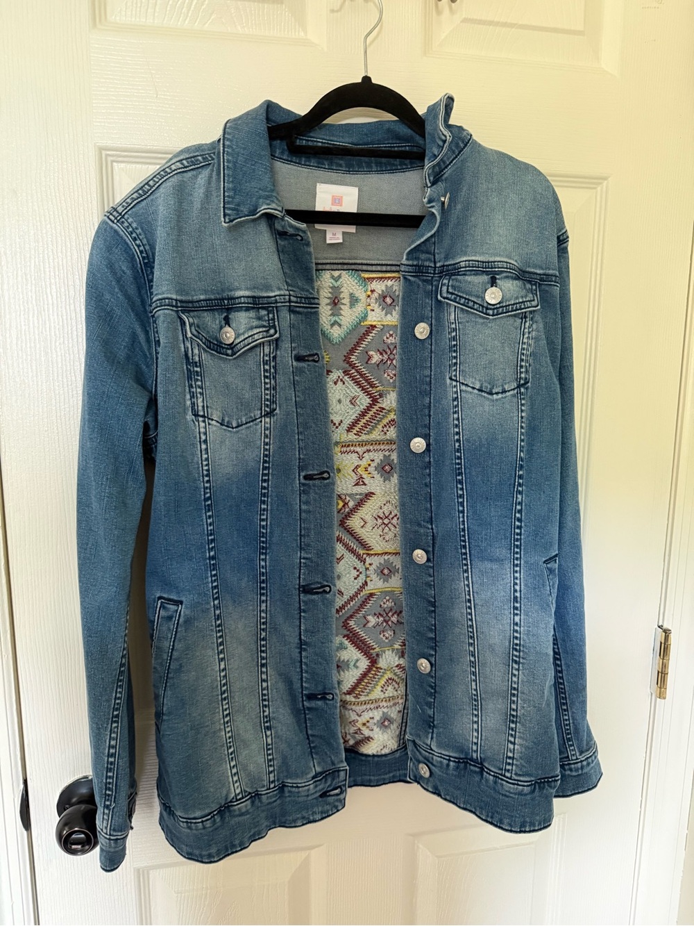 LuLaRoe Light Blue Denim Jean Jacket with Aztec Knit Lining